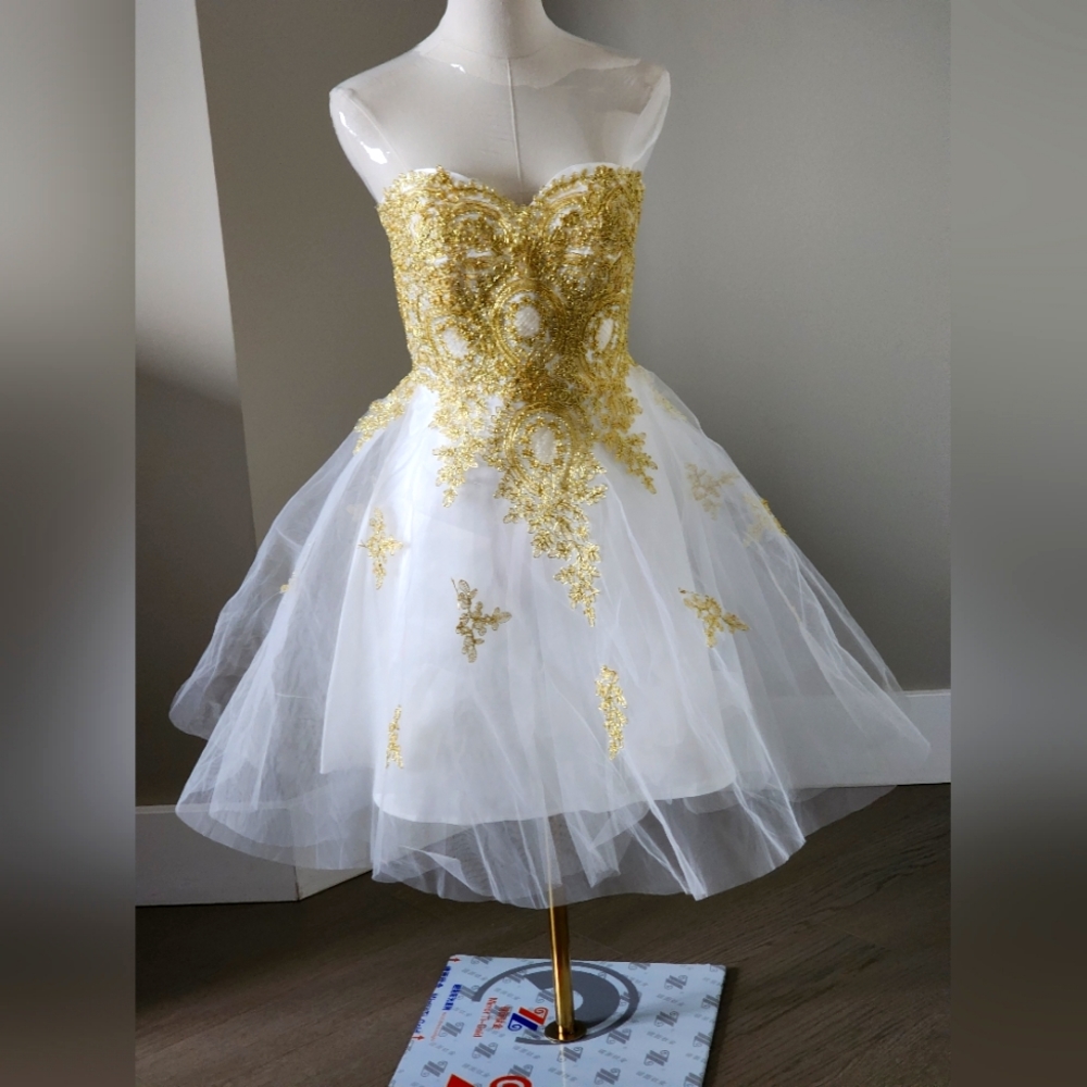 NWT GRACE KARIN White A Line Midi Cocktail Dress with Gold Embroidery Prom
